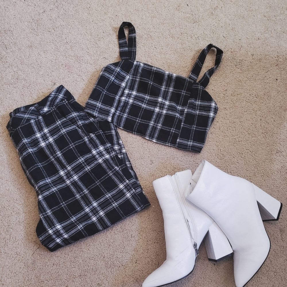 ROMWE black and white plaid two piece set